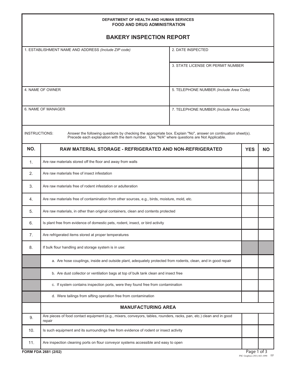 Form FDA2681 Bakery Inspection Report, Page 1