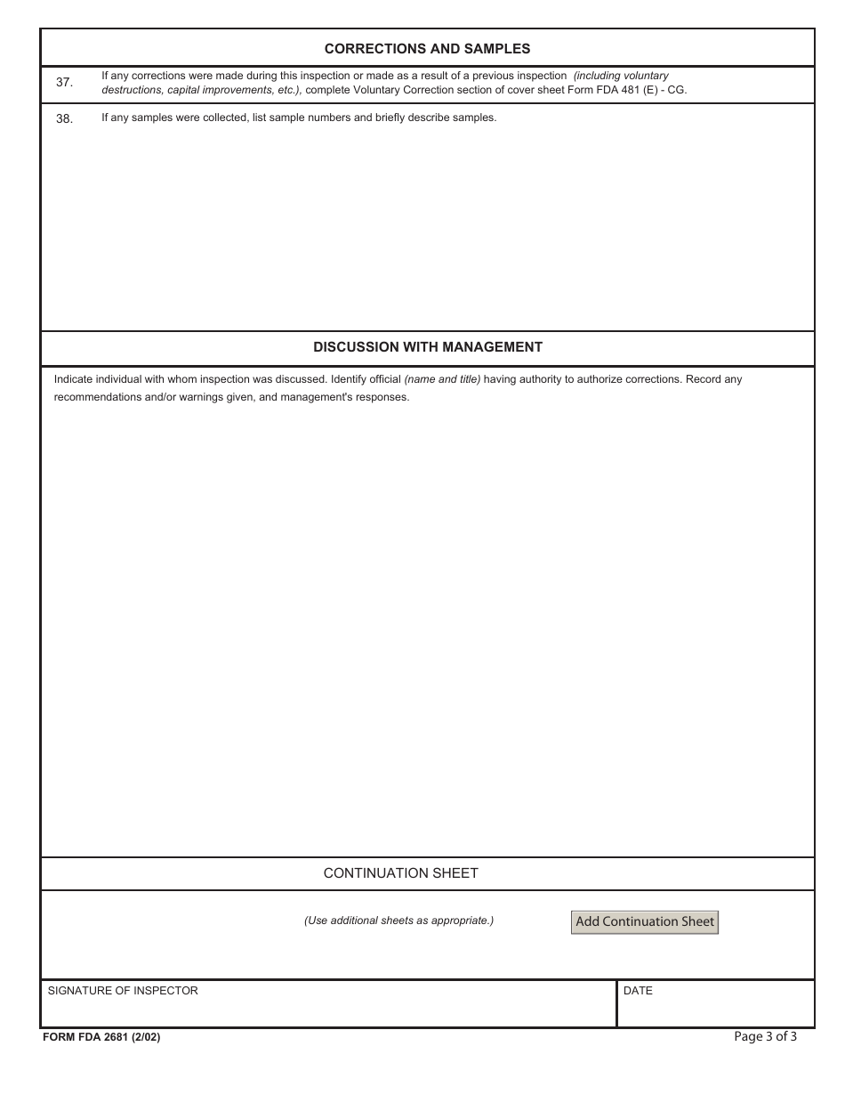 Form FDA2681 Bakery Inspection Report, Page 3