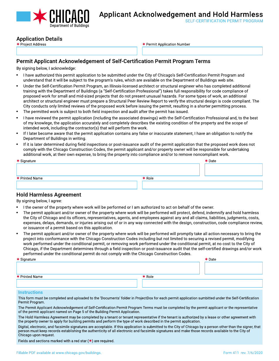 Form 411 Applicant Acknolwedgement and Hold Harmless - Self-certification Permit Program - City of Chicago, Illinois, Page 1