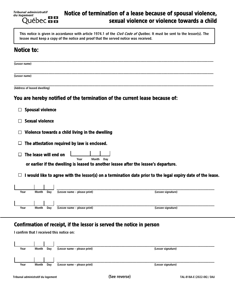 Form Tal 818a E Download Fillable Pdf Or Fill Online Notice Of Termination Of A Lease Because Of 5368