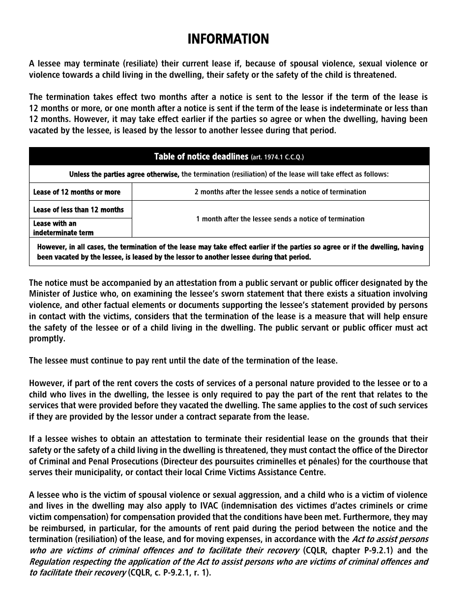 Form TAL-818A-E Notice of Termination of a Lease Because of Spousal Violence, Sexual Violence or Violence Towards a Child - Quebec, Canada, Page 2