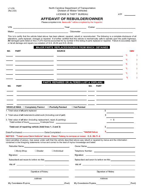Form LT-276 Affidavit of Rebuilder/Owner - North Carolina