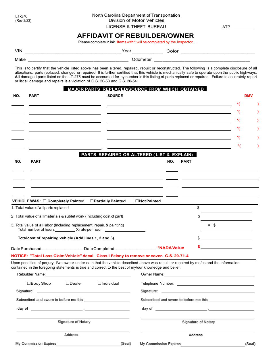 Form LT-276 Affidavit of Rebuilder / Owner - North Carolina, Page 1