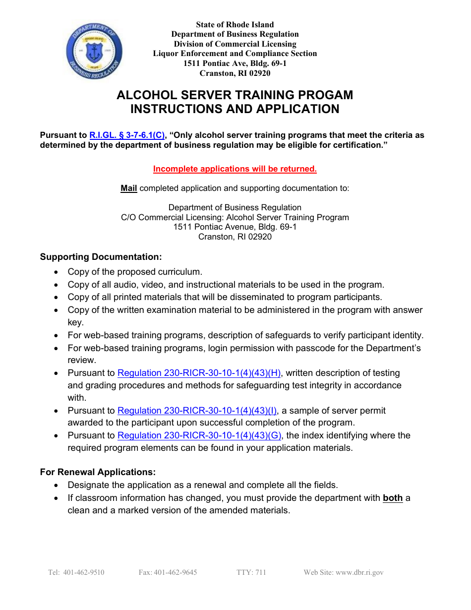 Rhode Island Alcohol Server Training Progam Application Fill Out
