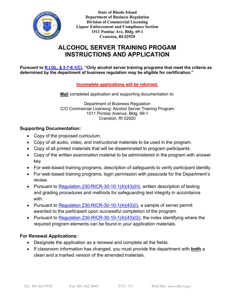 Alcohol Server Training Progam Application - Rhode Island, Page 1