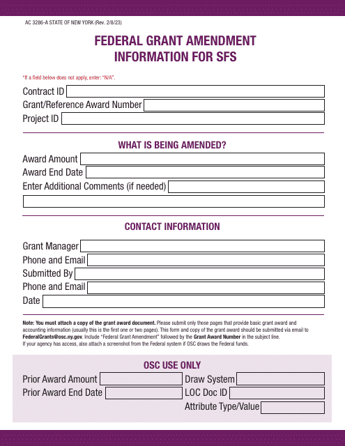 Form AC3286-A Federal Grant Amendment Information for Sfs - New York