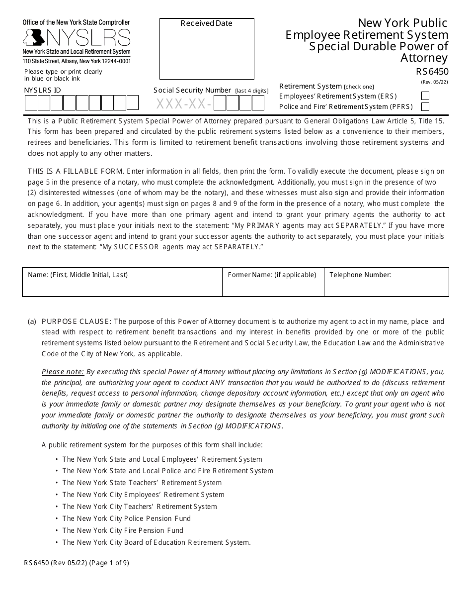 Form RS6450 New York Public Employee Retirement System Special Durable Power of Attorney - New York, Page 1