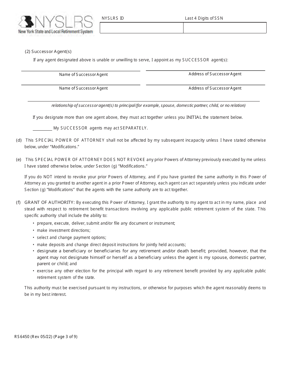 Form RS6450 New York Public Employee Retirement System Special Durable Power of Attorney - New York, Page 3