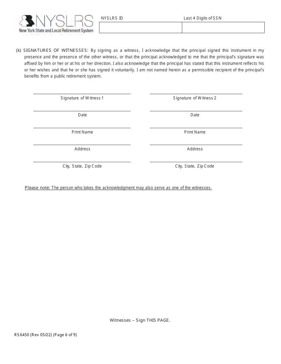 Form RS6450 New York Public Employee Retirement System Special Durable Power of Attorney - New York, Page 6