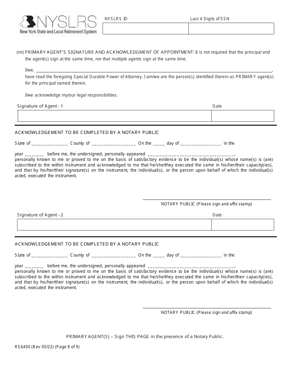 Form RS6450 New York Public Employee Retirement System Special Durable Power of Attorney - New York, Page 8