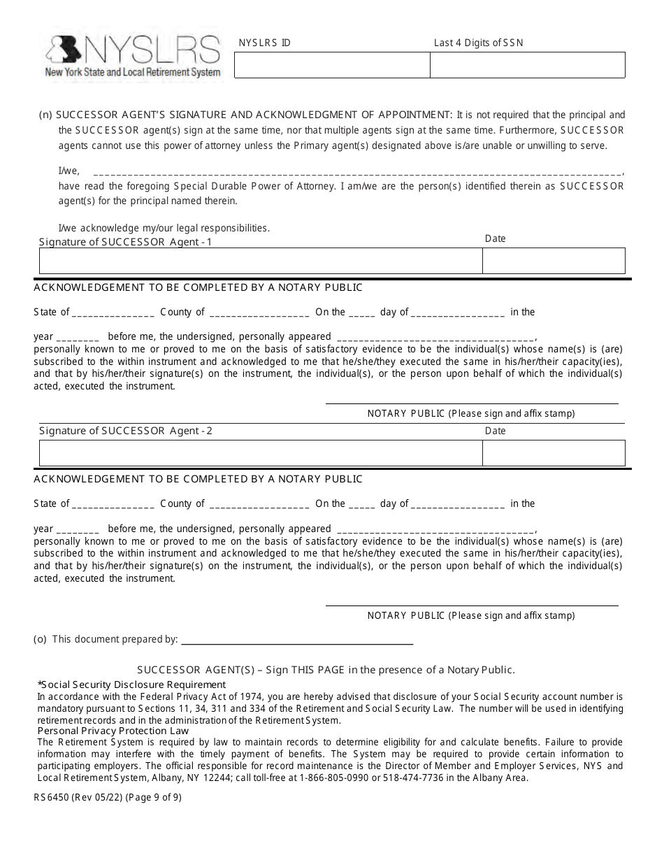 Form RS6450 New York Public Employee Retirement System Special Durable Power of Attorney - New York, Page 9