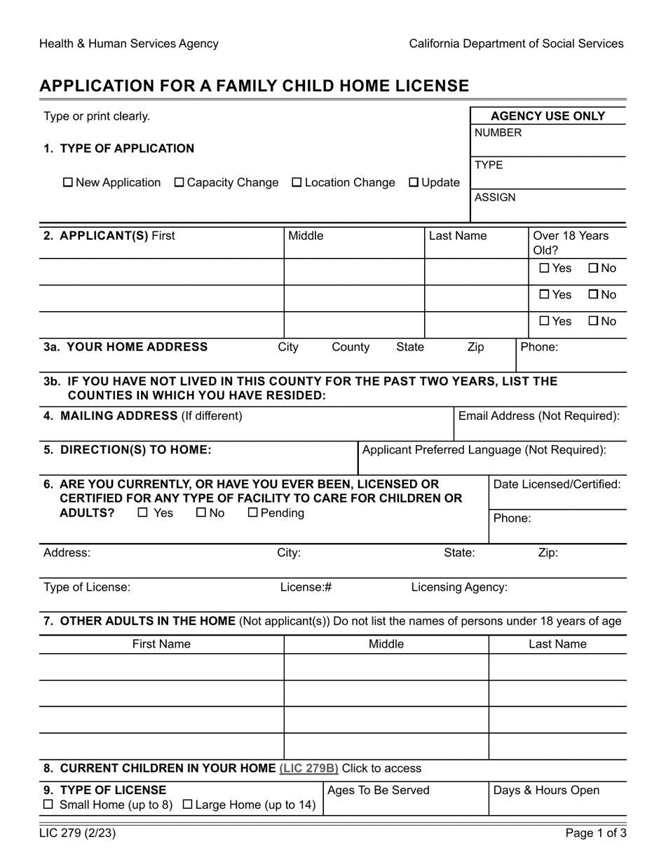 Form LIC279 Application for a Family Child Home License - California, Page 1