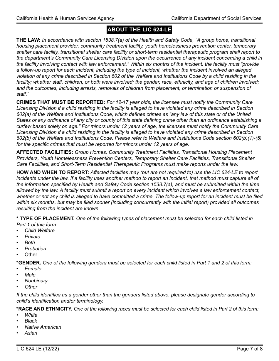 Form LIC624 LE Law Enforcement Contact Report - California, Page 7