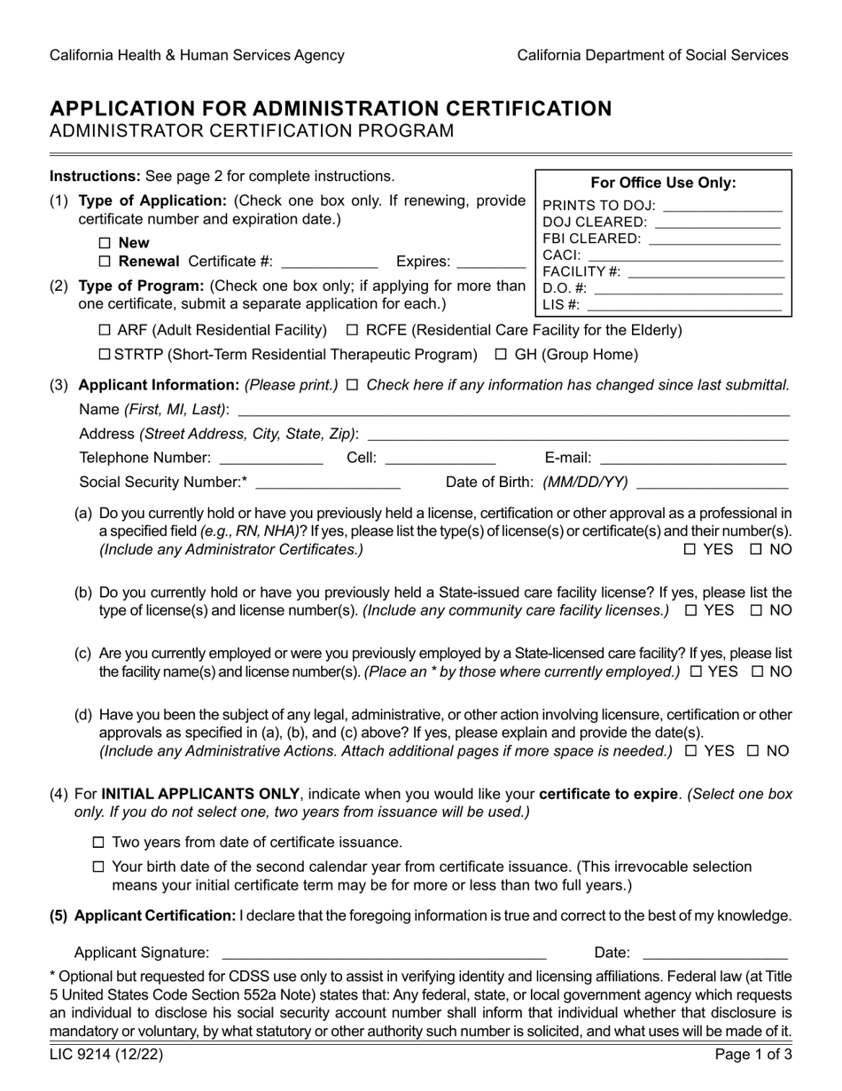 Form LIC9214 Application for Administration Certification - Administrator Certification Program - California, Page 1