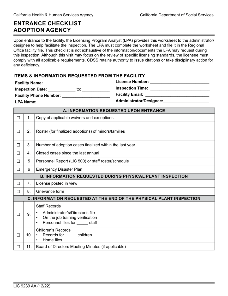 Form LIC9239 AA Entrance Checklist Adoption Agency - California, Page 1