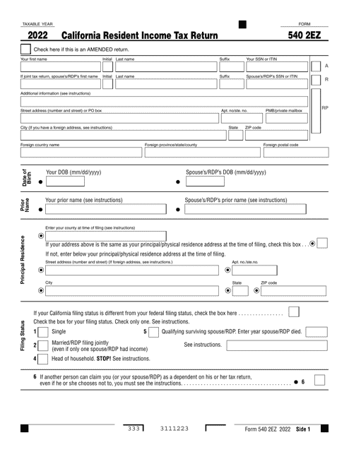 Form 540 2EZ 2022 Printable Pdf