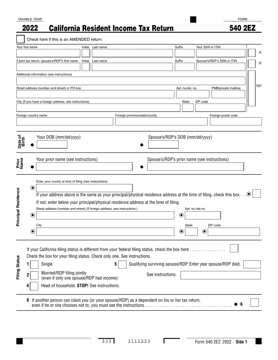 Form 540 2EZ California Resident Income Tax Return - California, Page 1