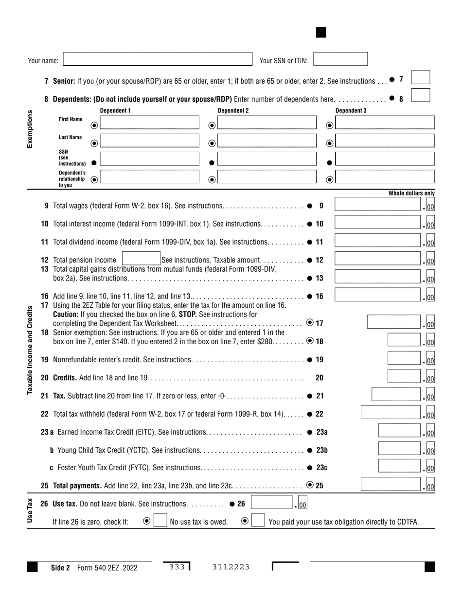 Form 540 2EZ California Resident Income Tax Return - California, Page 2