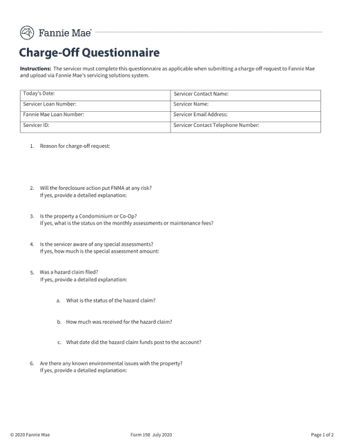 Fannie Mae Form 198 Charge-Off Questionnaire