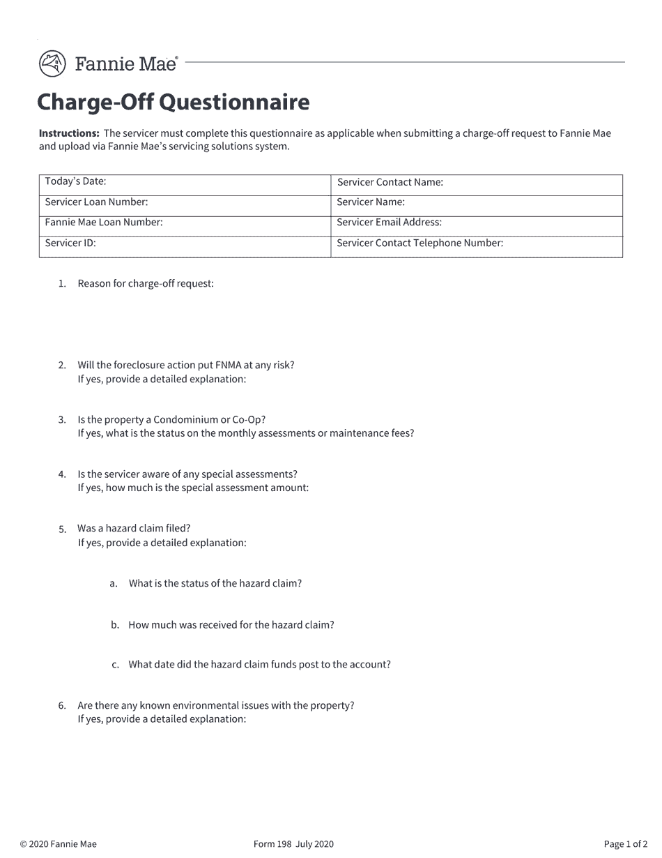 Fannie Mae Form 198 Charge-Off Questionnaire, Page 1