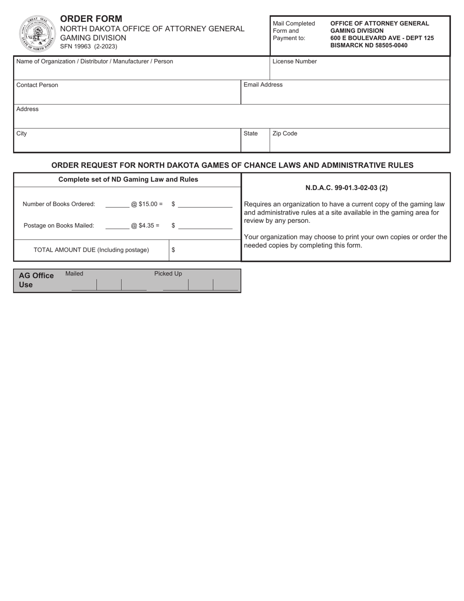 Form SFN19963 Order Form - North Dakota, Page 1