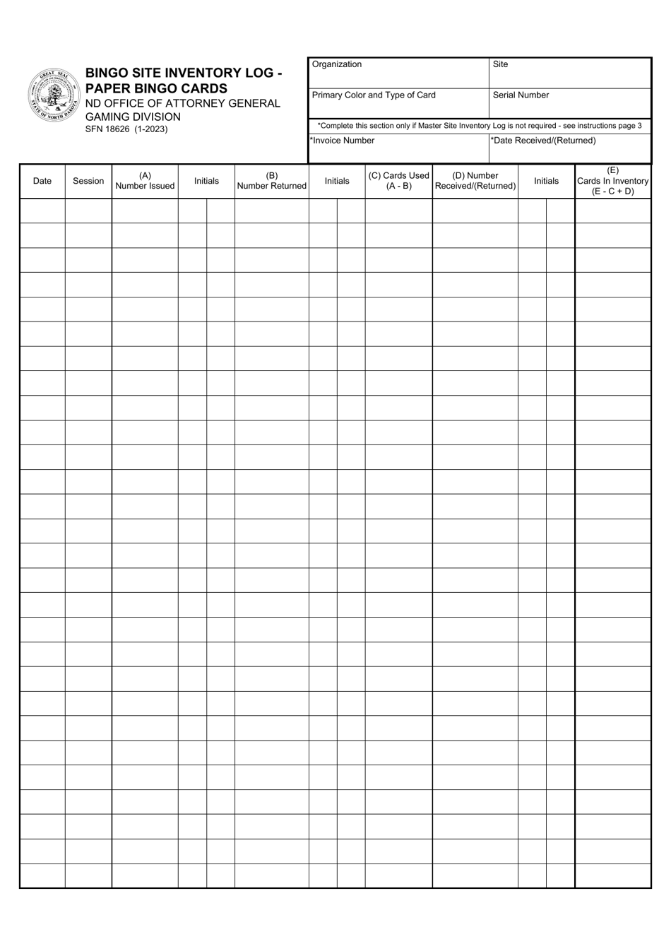 Form SFN18626 Bingo Site Inventory Log - Paper Bingo Cards - North Dakota, Page 1