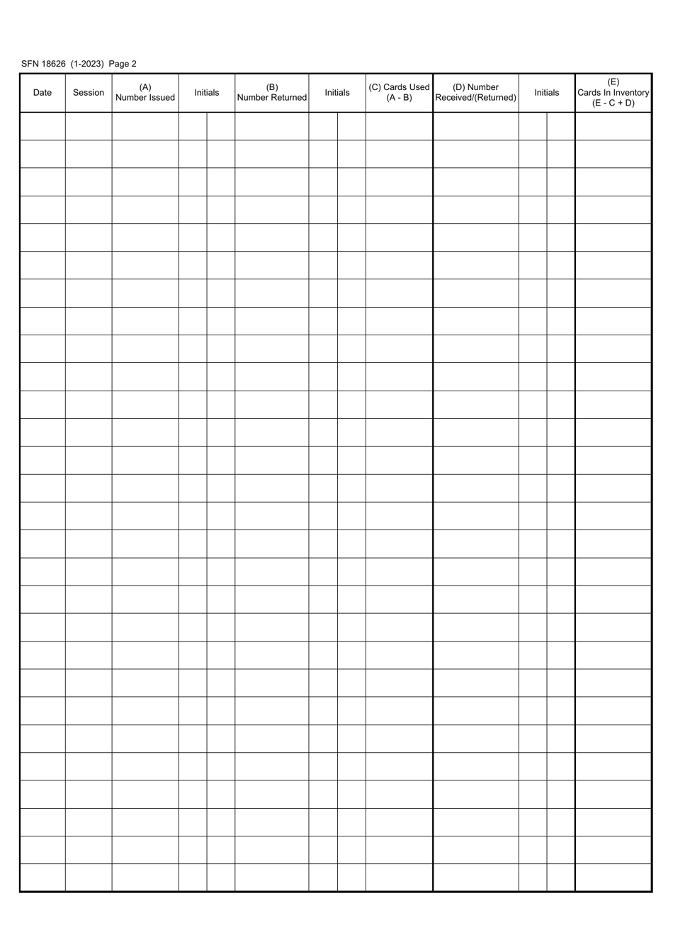 Form SFN18626 Bingo Site Inventory Log - Paper Bingo Cards - North Dakota, Page 2