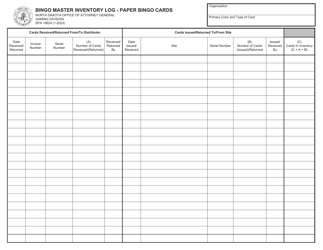 Form SFN18624 Bingo Master Inventory Log - Paper Bingo Cards - North Dakota