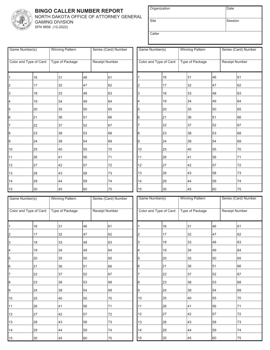 Form SFN9856 Bingo Caller Number Report - North Dakota, Page 1