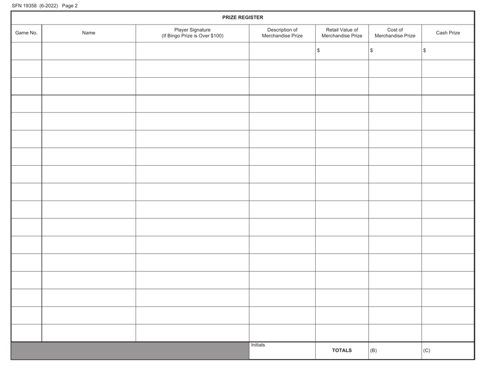 Form SFN19358 Bingo Daily Session Report - Paper Card, Card Tracking or Ticket Receipting - North Dakota, Page 2