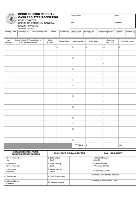 Form SFN9848 Bingo Session Report - Cash Register Receipting - North Dakota
