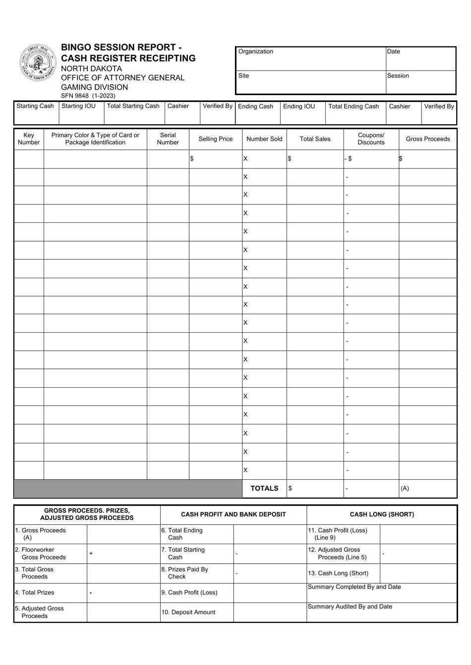Form SFN9848 Bingo Session Report - Cash Register Receipting - North Dakota, Page 1