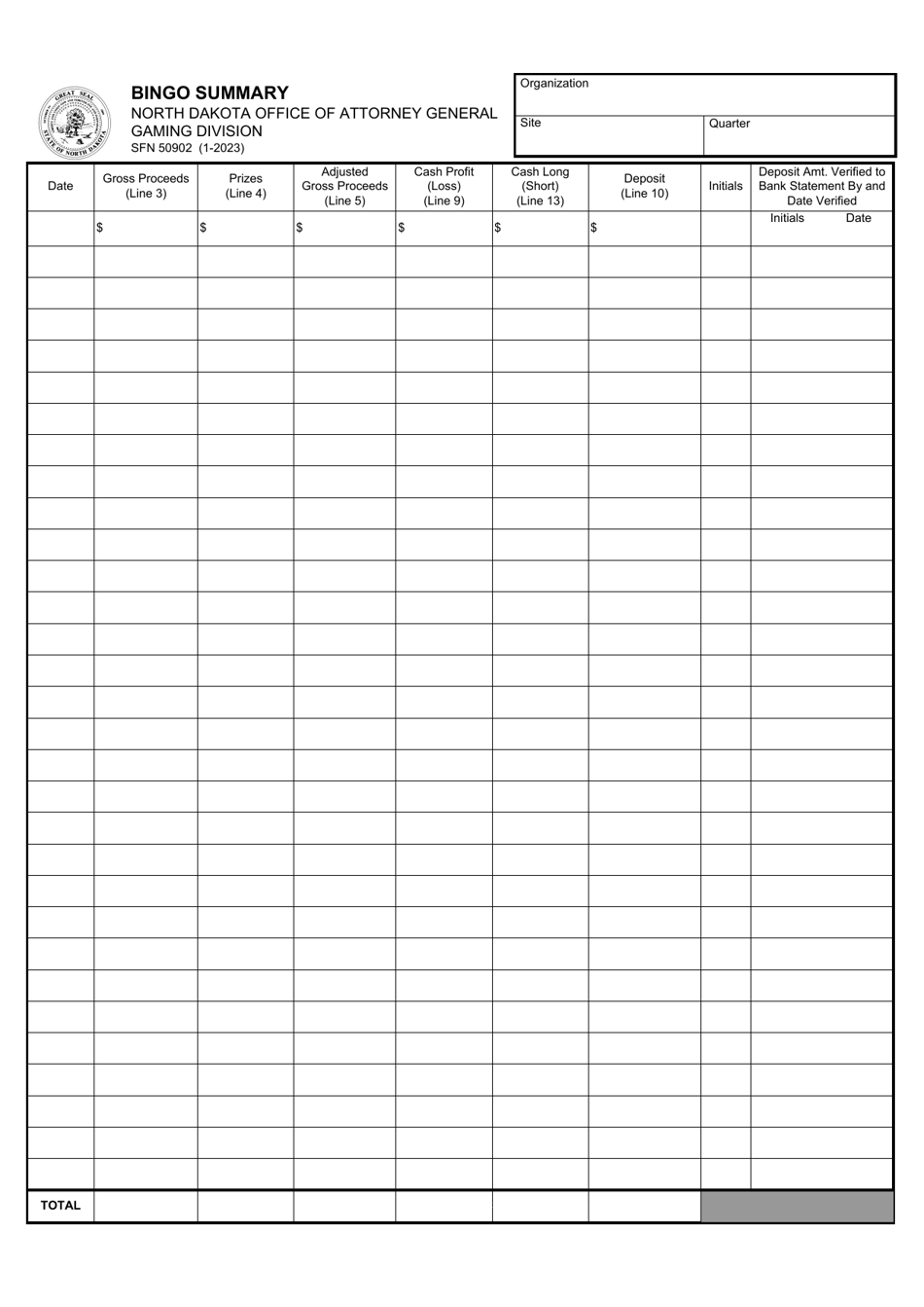 Form SFN50902 Bingo Summary - North Dakota, Page 1