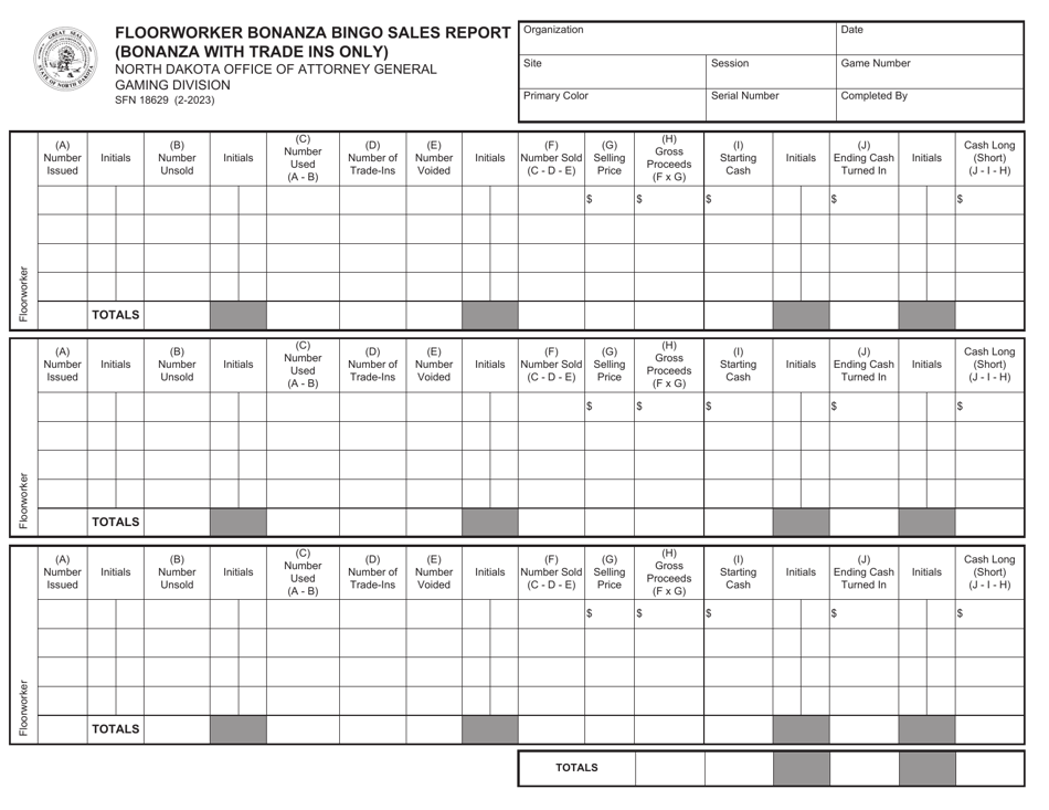 Form SFN18629 Floorworker Bonanza Bingo Sales Report (Bonanza With Trade Ins Only) - North Dakota, Page 1