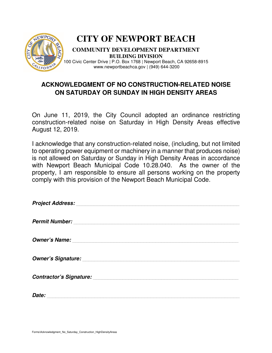 Acknowledgment of No Construction-Related Noise on Saturday or Sunday in High Density Areas - City of Newport Beach, California, Page 1