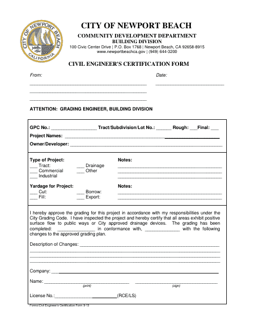 Civil Engineer's Certification Form - City of Newport Beach, California