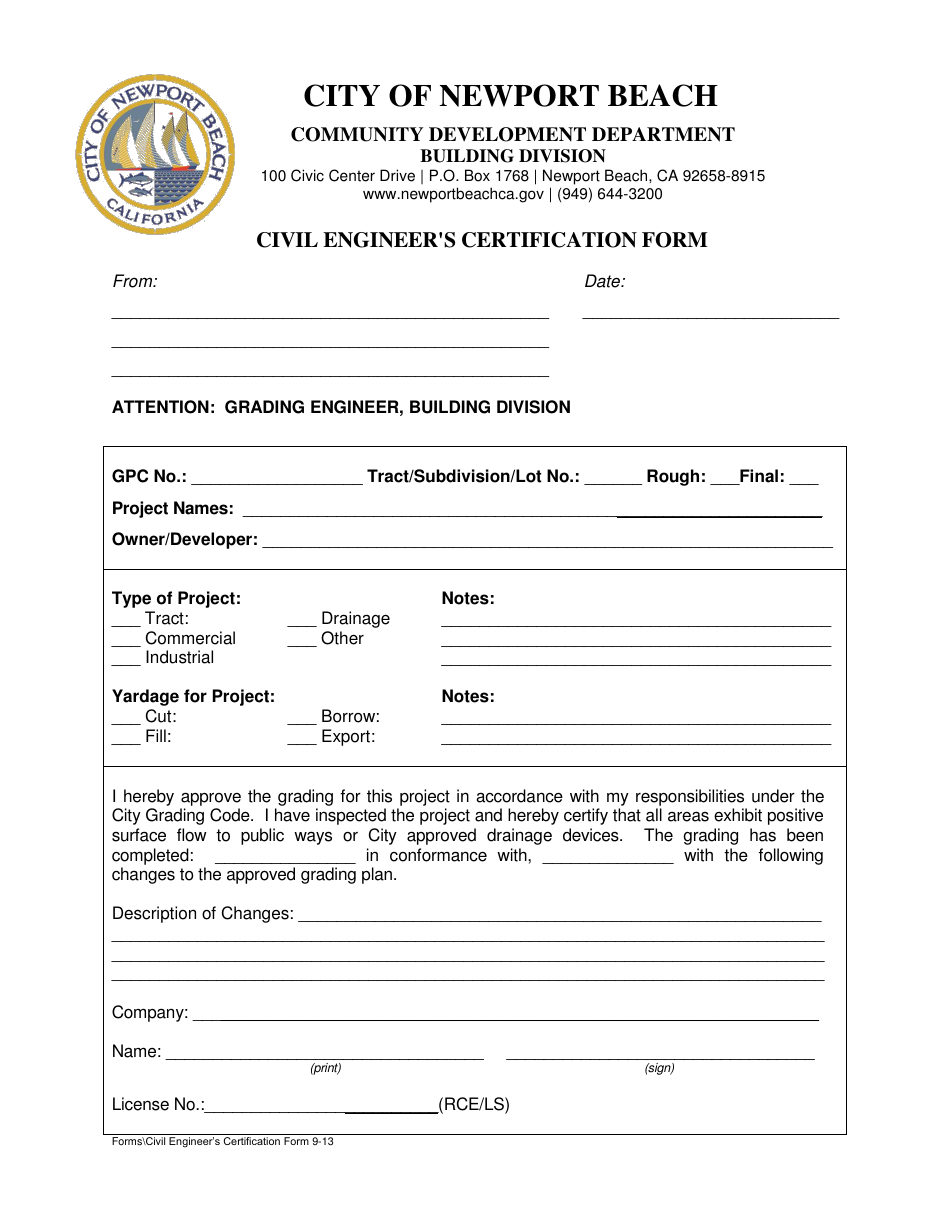 Civil Engineers Certification Form - City of Newport Beach, California, Page 1
