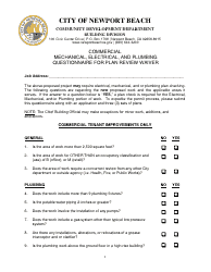 Document preview: Commercial Mechanical, Electrical, and Plumbing Questionnaire for Plan Review Waiver - City of Newport Beach, California