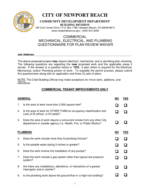 Commercial Mechanical, Electrical, and Plumbing Questionnaire for Plan Review Waiver - City of Newport Beach, California Download Pdf