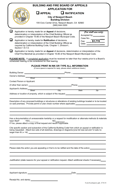 Building and Fire Board of Appeals Application for Appeal/Ratification - City of Newport Beach, California