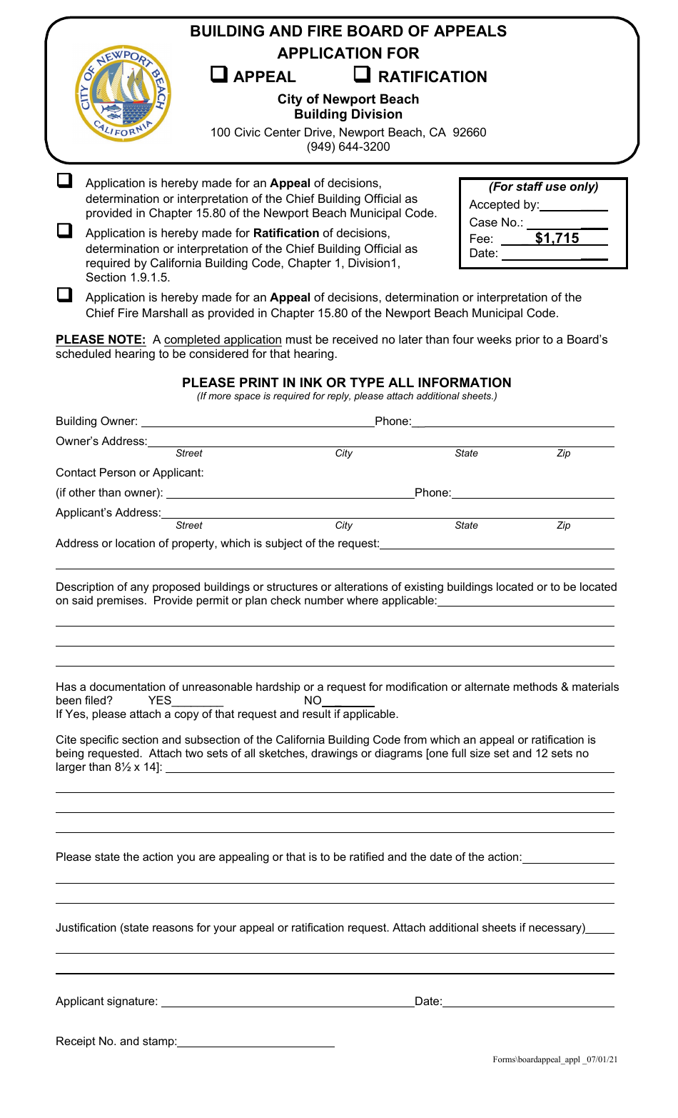 City of Newport Beach, California Building and Fire Board of Appeals