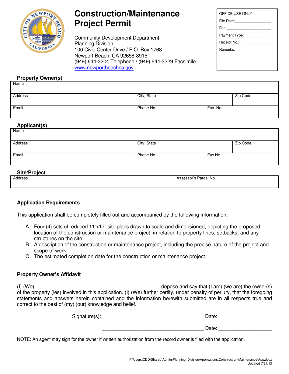 Construction / Maintenance Project Permit - City of Newport Beach, California, Page 1