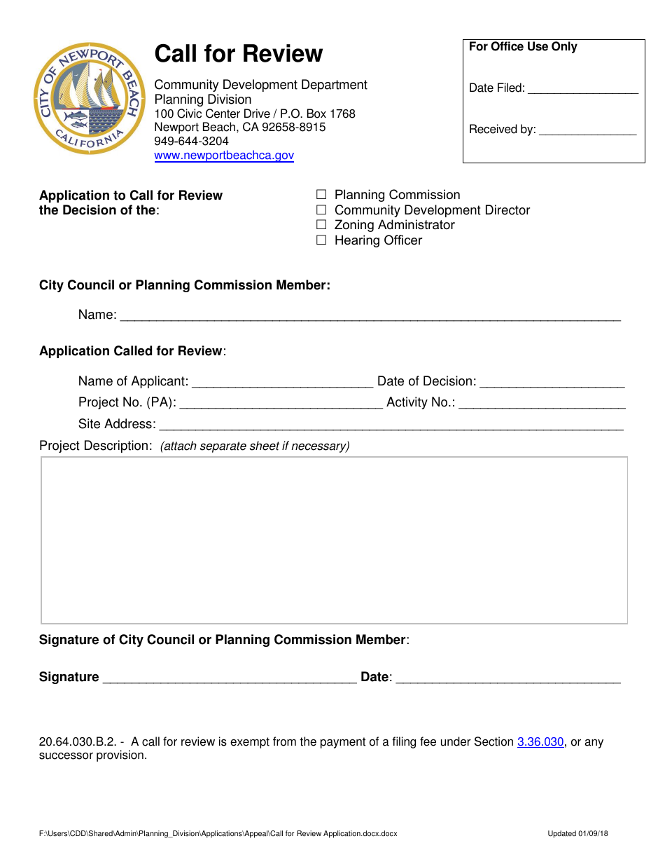 Call for Review - City of Newport Beach, California, Page 1