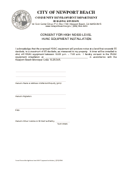 Document preview: Consent for High Noise-Level HVAC Equipment Installation - City of Newport Beach, California