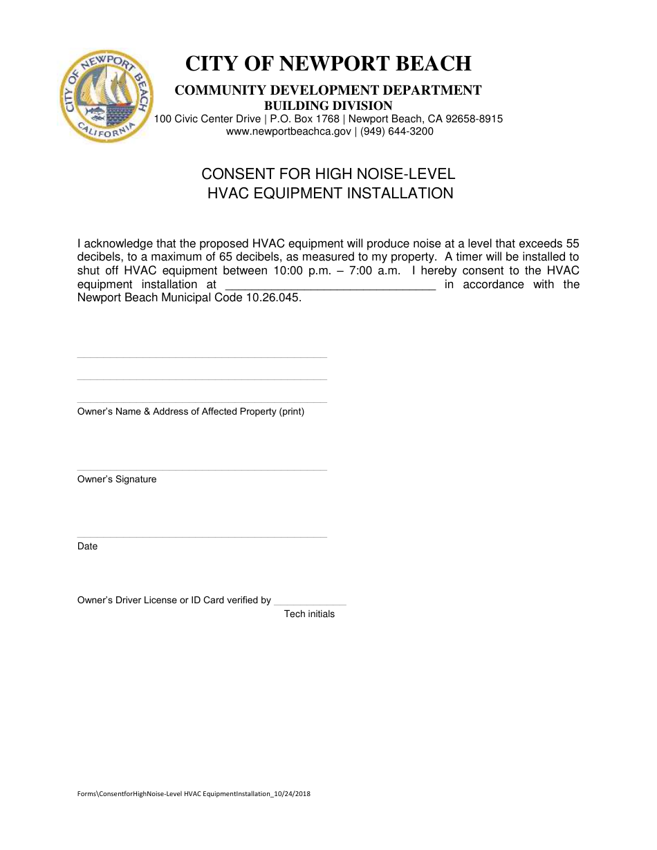 Consent for High Noise-Level HVAC Equipment Installation - City of Newport Beach, California, Page 1