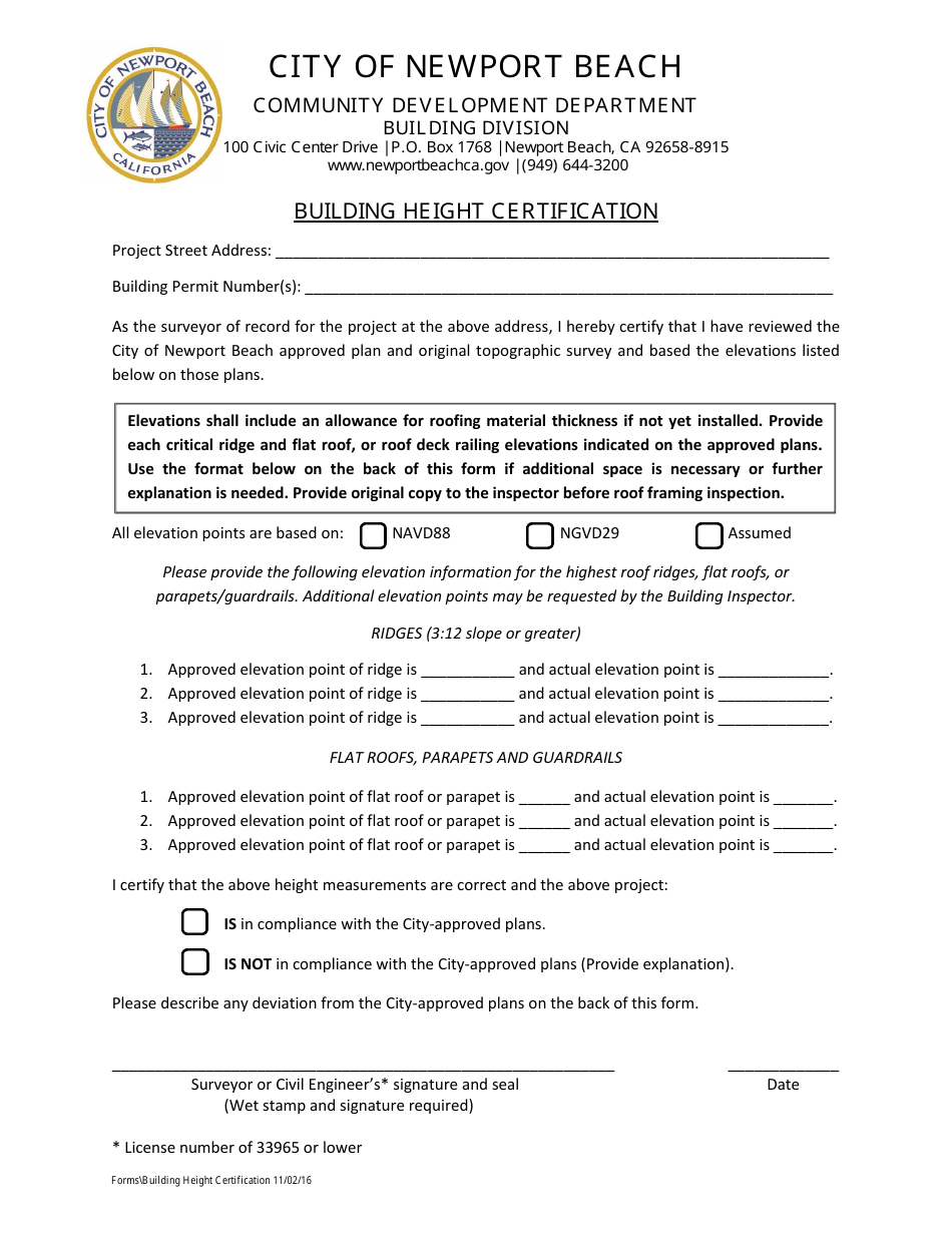 Building Height Certification - City of Newport Beach, California, Page 1