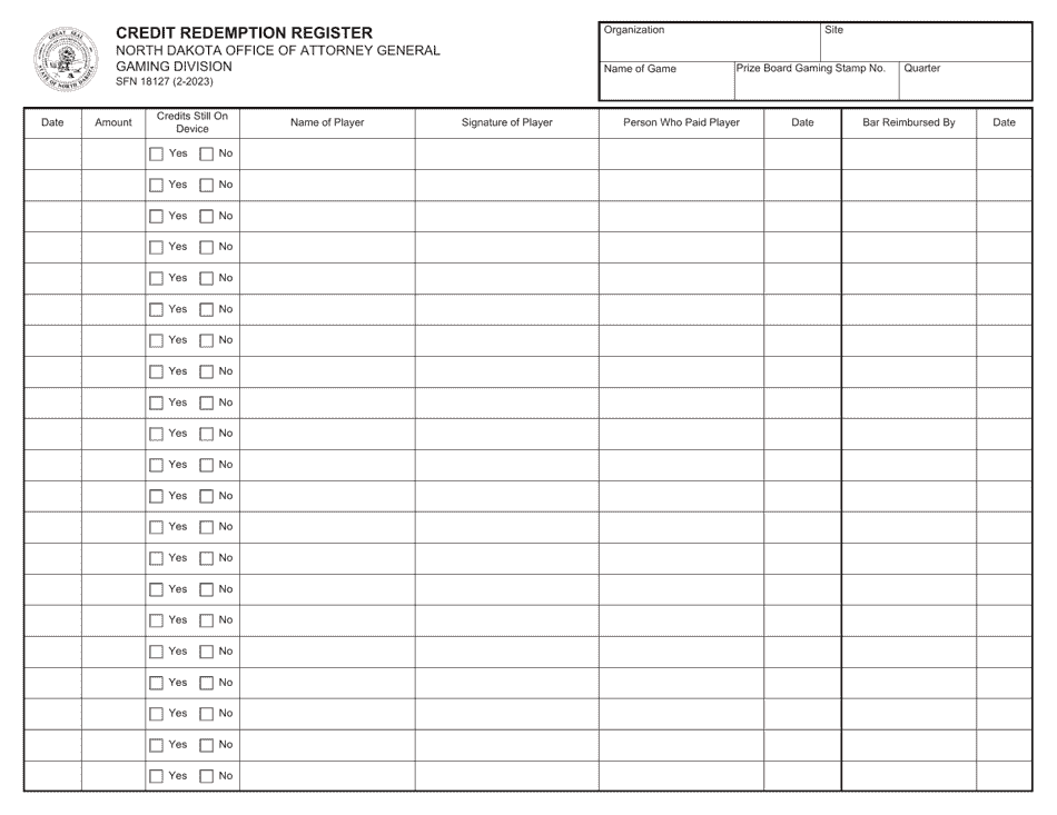 Form SFN18127 Credit Redemption Register - North Dakota, Page 1