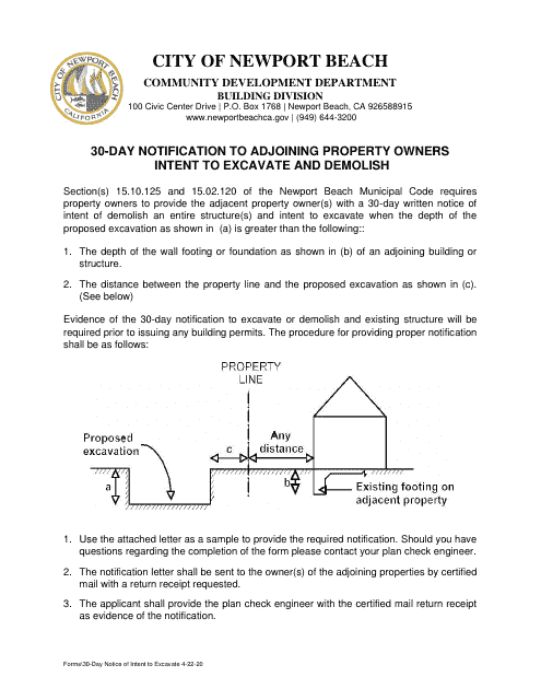 30-day Notice of Intent to Excavate - City of Newport Beach, California Download Pdf