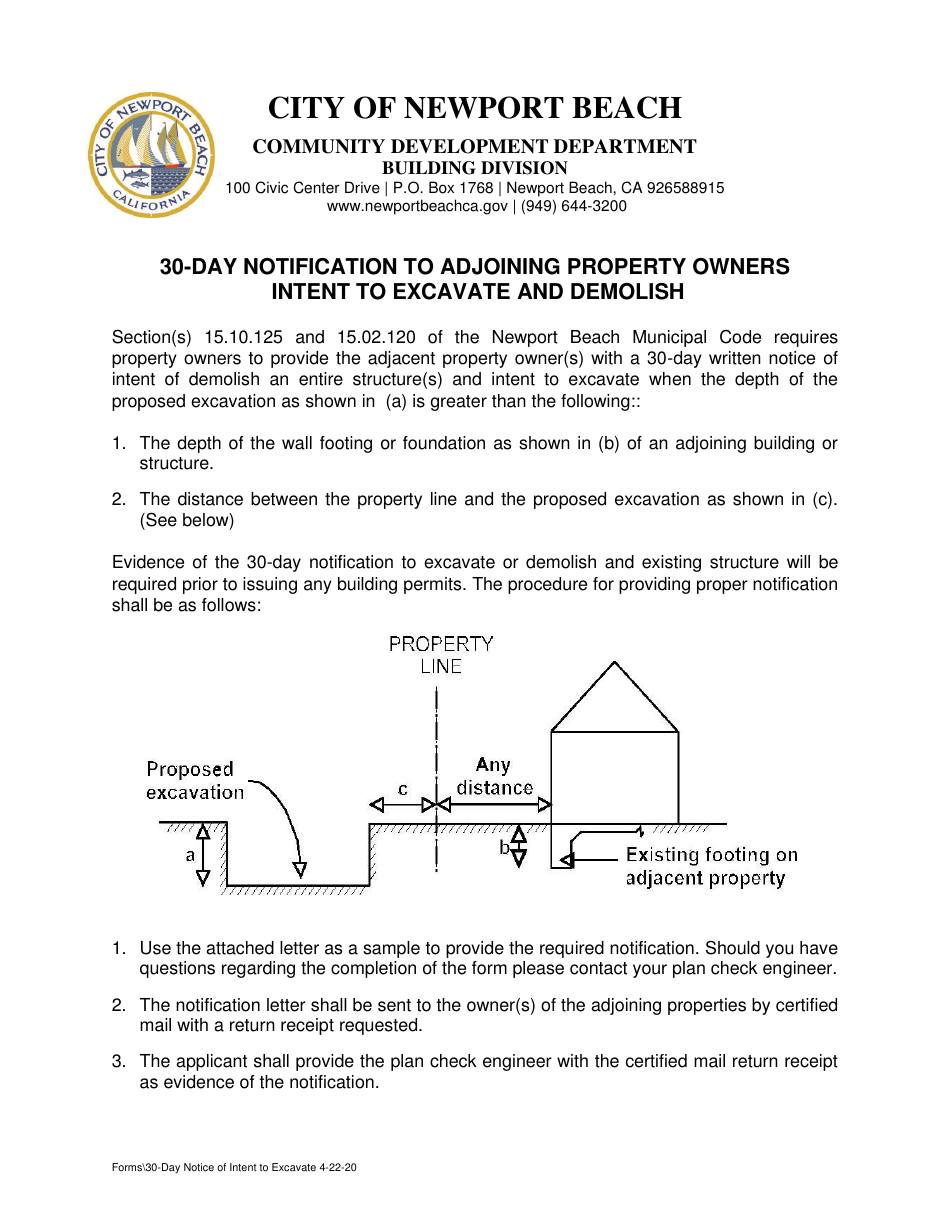 City of Newport Beach, California 30day Notice of Intent to Excavate Fill Out, Sign Online