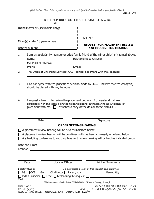 Form CN-313 Request for Placement Review and Request for Hearing - Alaska